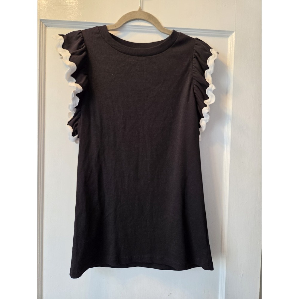 Crown & Ivy Ruffle Sleeve Top Womens Small Black White Rick Rack Knit Tee. S